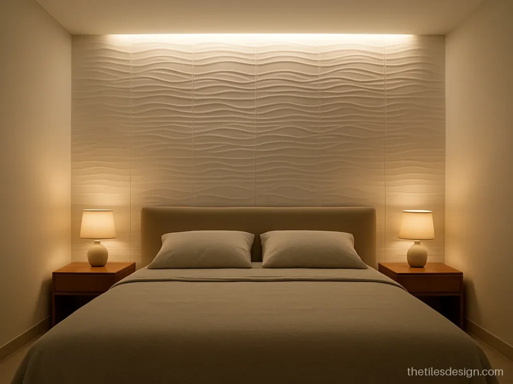 3D tiles for bedroom wall behind the bed in a white wave pattern