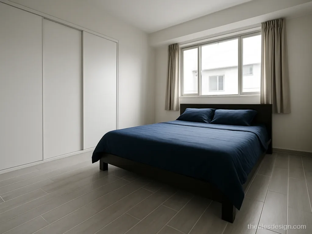 Light ash grey wooden floor tiles for bedroom with white wardrobes