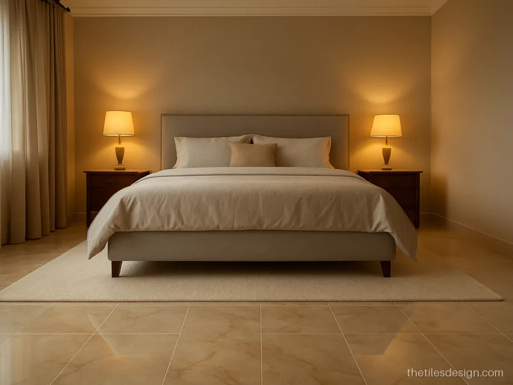 Bedroom tiles design floor with beige marble look 600 x 1200 mm glossy tiles