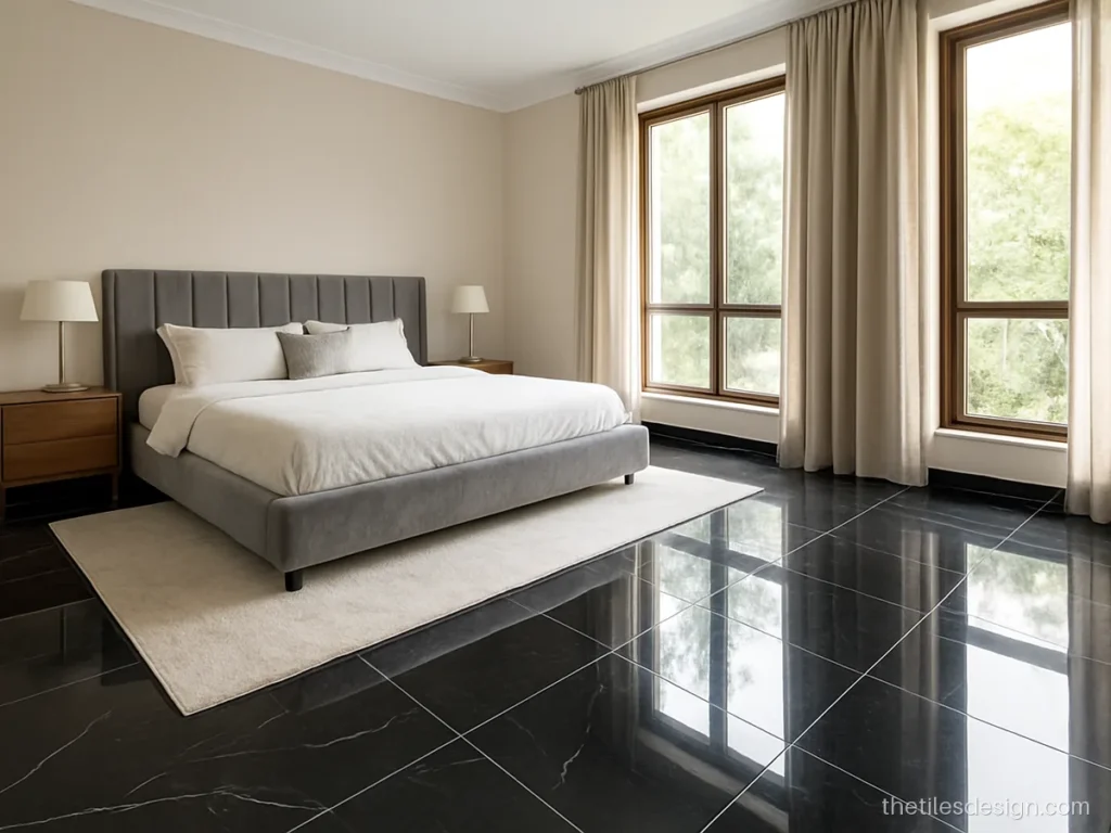 Black floor tiles in a master bedroom with white vein marble look