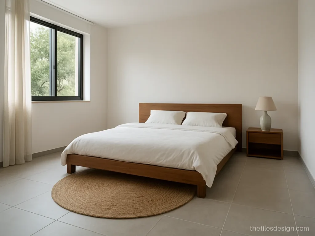 Modern bedroom floor tiles design in light grey concrete look 800 x 800 mm tiles