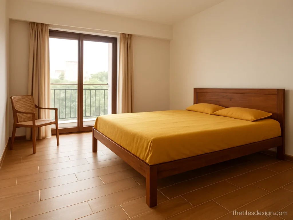 Wooden tiles for bedroom floor in honey oak 200 x 1200 mm planks, straight lay