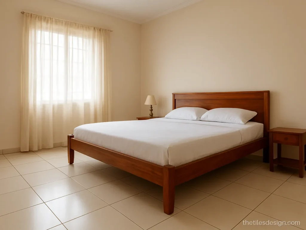 Bedroom floor tiles design with plain ivory satin 600 x 600 mm vitrified tiles