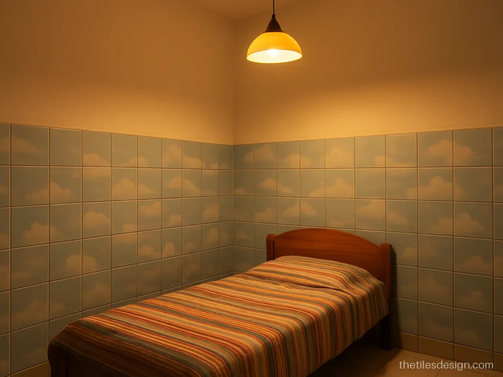 Bedroom wall tiles in a kids room with cloud pattern up to dado height