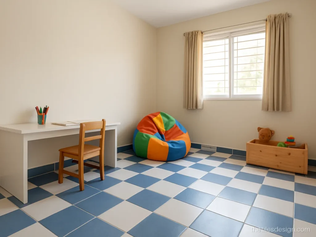 Kids room floor with blue and white checker pattern 300 x 300 mm tiles