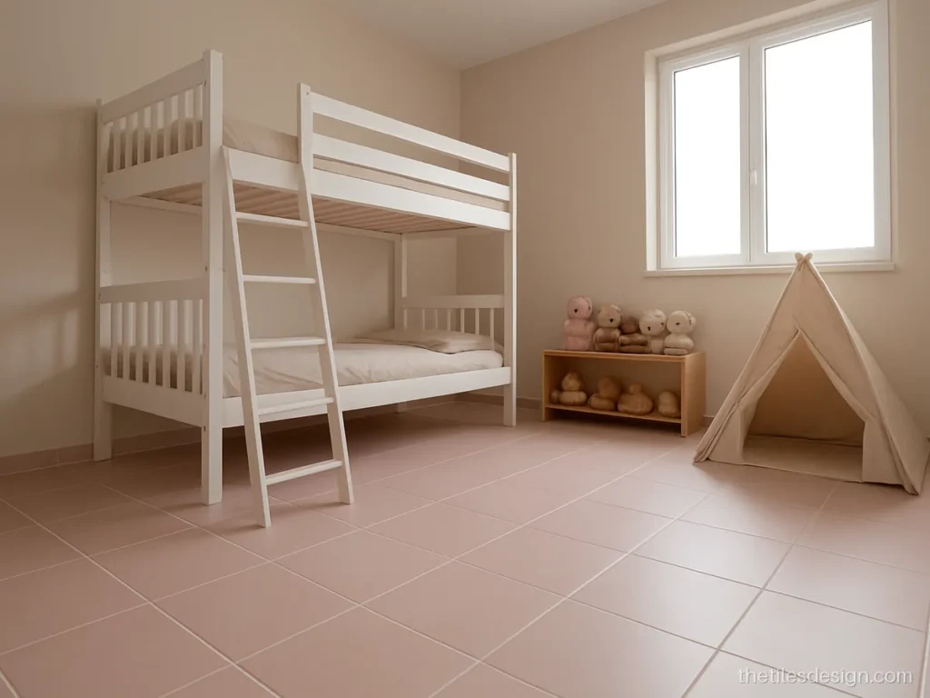 Pink tiles for bedroom floor in a kids room with a pastel matt finish