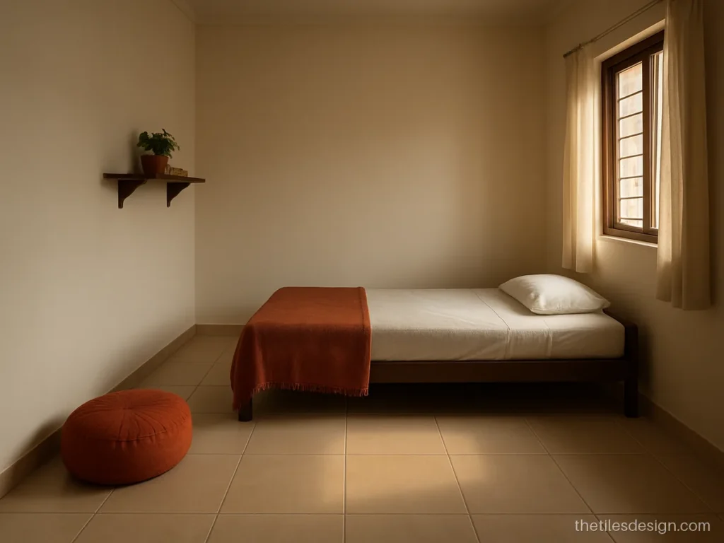 Small bedroom tiles design with sand beige 800 x 800 mm satin tiles