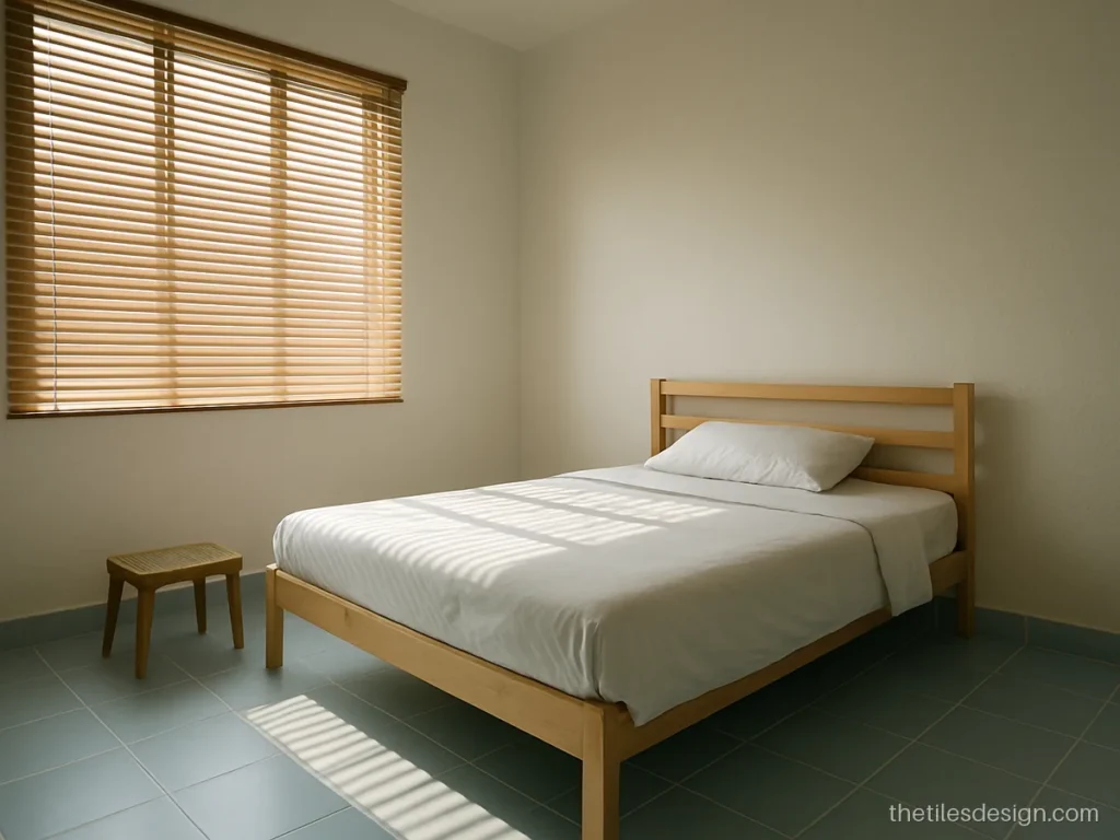 Sky blue tiles for bedroom floor in a small room with light furniture
