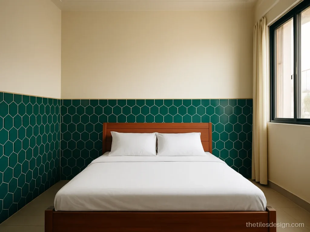 Bedroom half wall tiles in teal hexagon ceramic up to headboard height