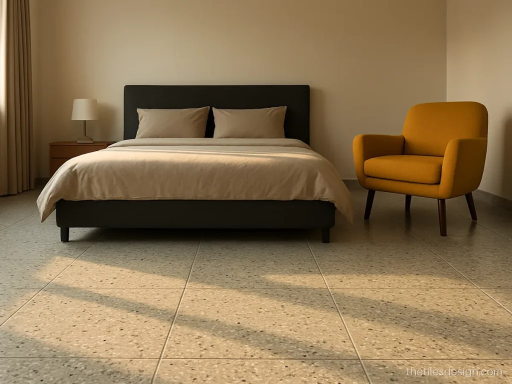 Modern bedroom tiles design with terrazzo look grey chips on satin tiles