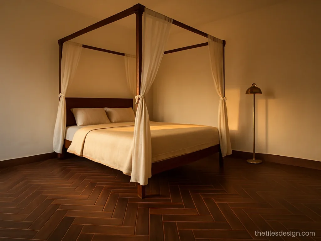 Bedroom wooden floor tiles in dark walnut shade laid in a herringbone pattern