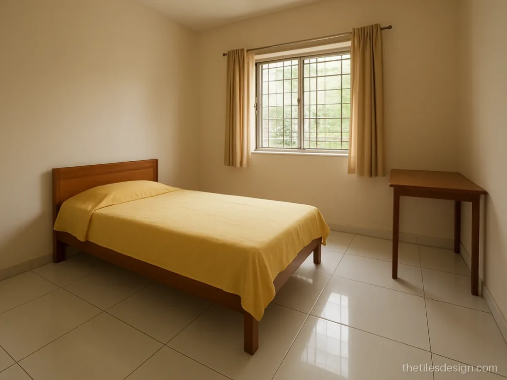 White tiles for bedroom floor in a small room with a single bed
