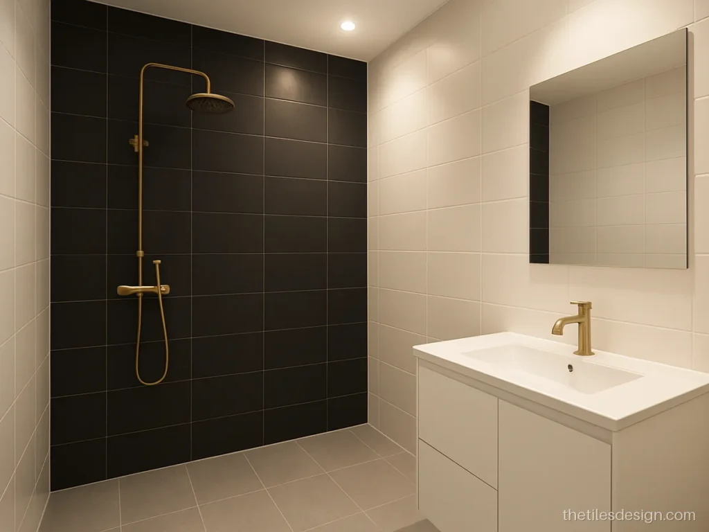 Black tile bathroom feature wall in matt finish with white tiles on other walls