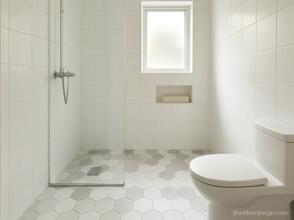 Bathroom floor tiles design with small white and grey matt hexagon tiles