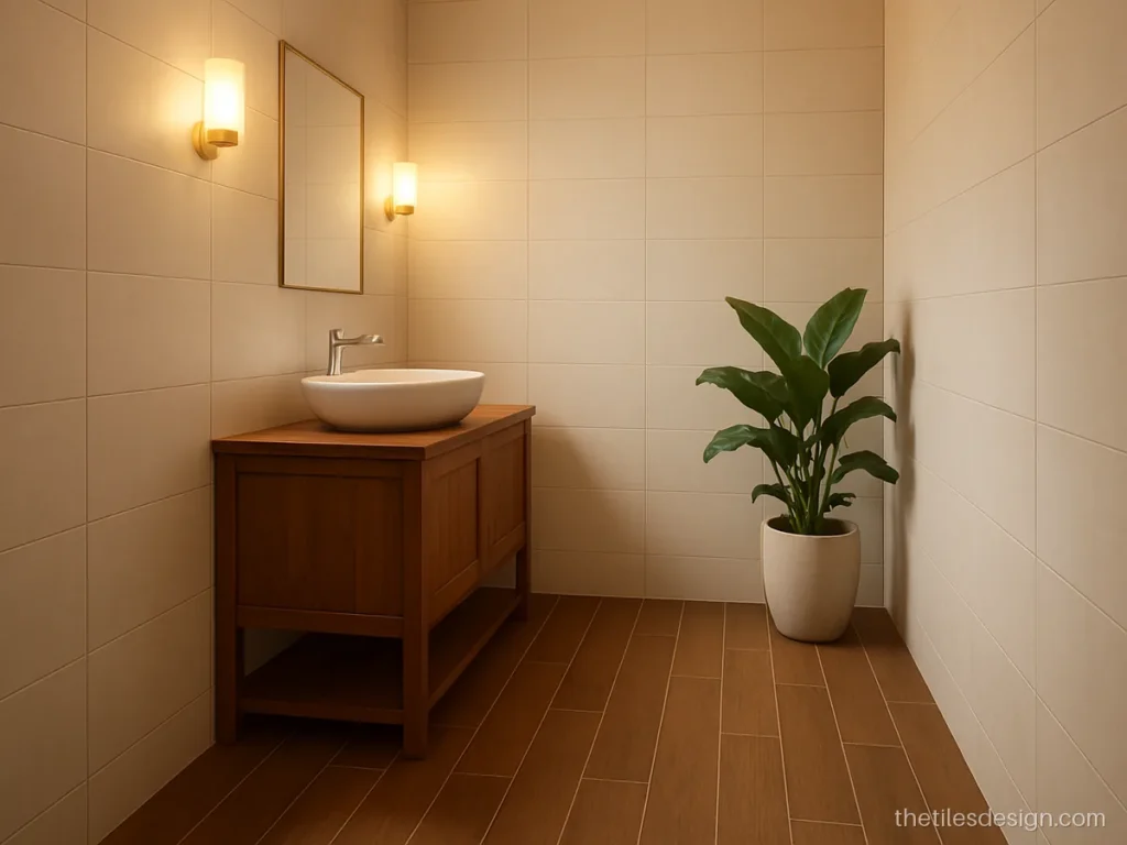 Wood look anti-skid bathroom floor tiles in warm brown plank format