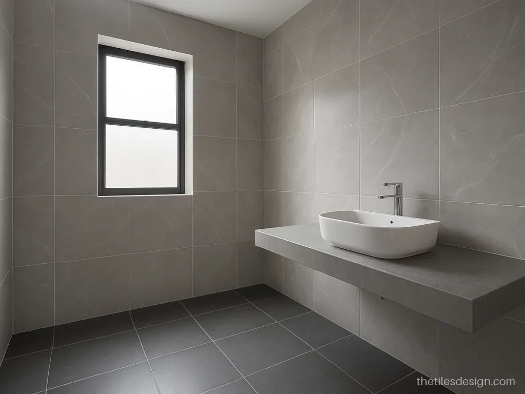Grey bathroom tiles design with marble look walls and a dark grey matt floor