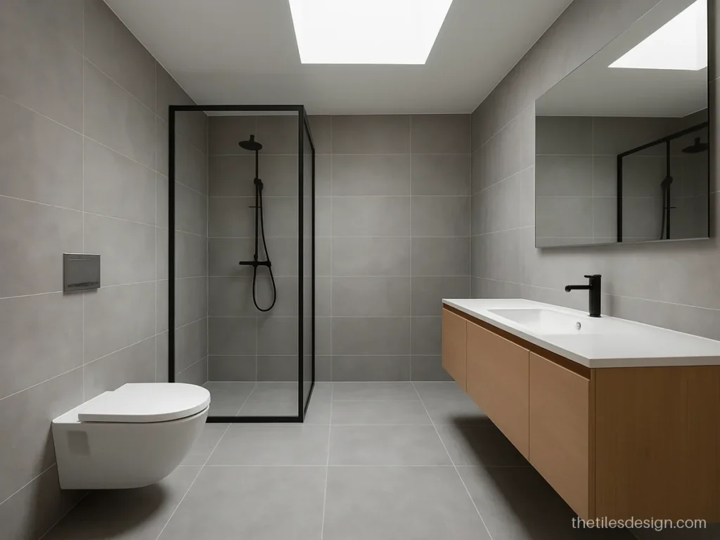 Modern bathroom tiles design with concrete look large slabs on walls and floor