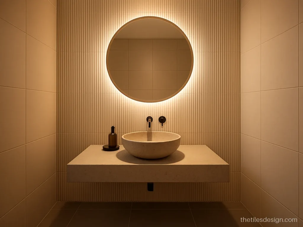 Modern bathroom feature wall with ivory fluted 3D tiles behind the vanity