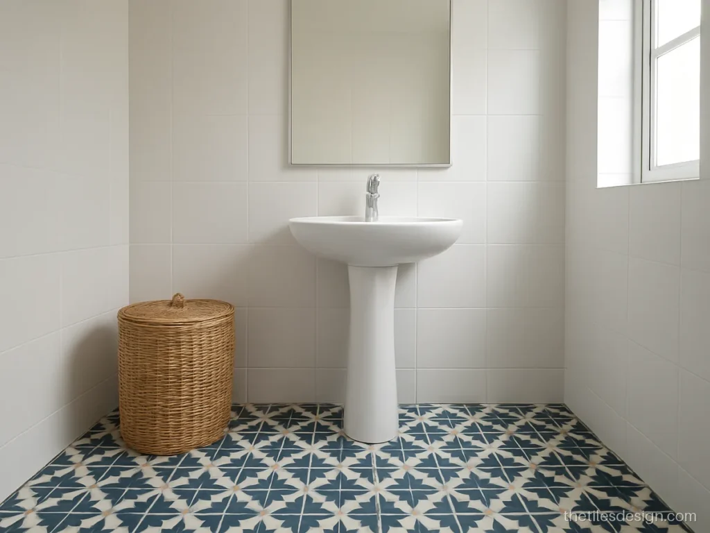 Bathroom with Moroccan pattern floor tiles in blue and white with plain white walls