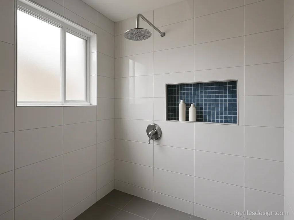 Shower niche with blue glass mosaic back panel set into white wall tiles