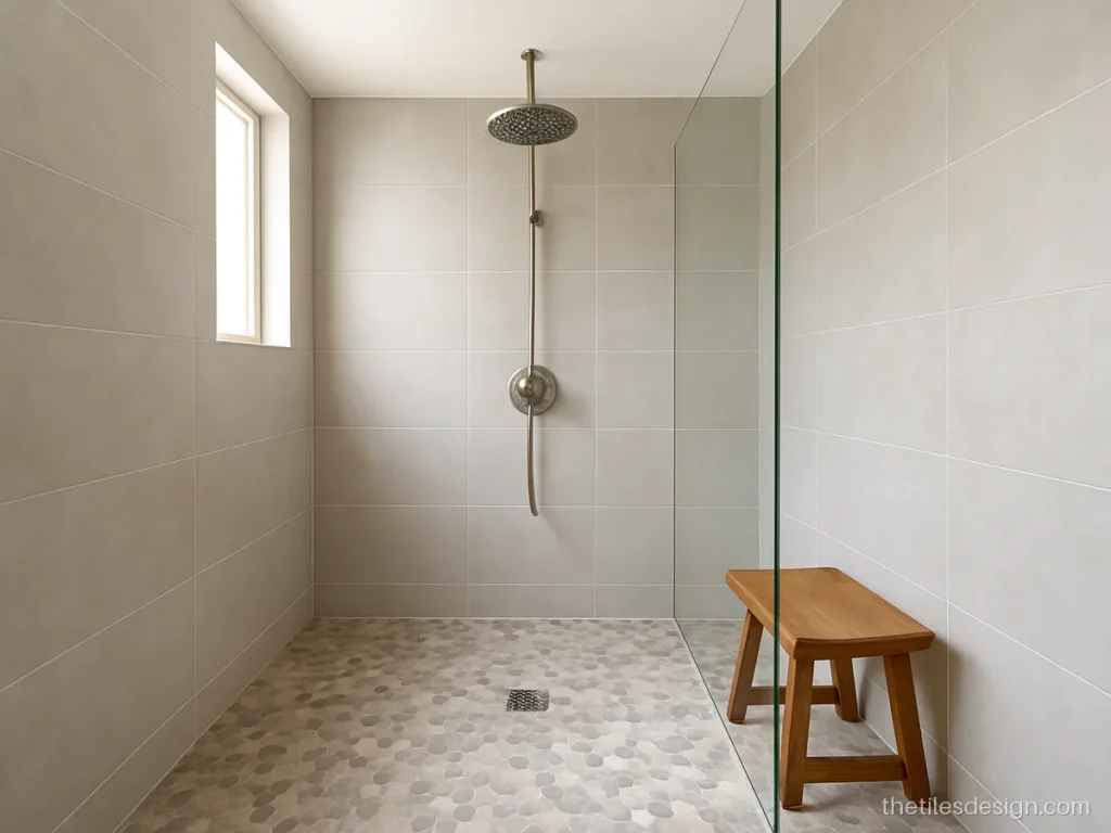 Shower floor in pebble look tiles behind a clear glass partition