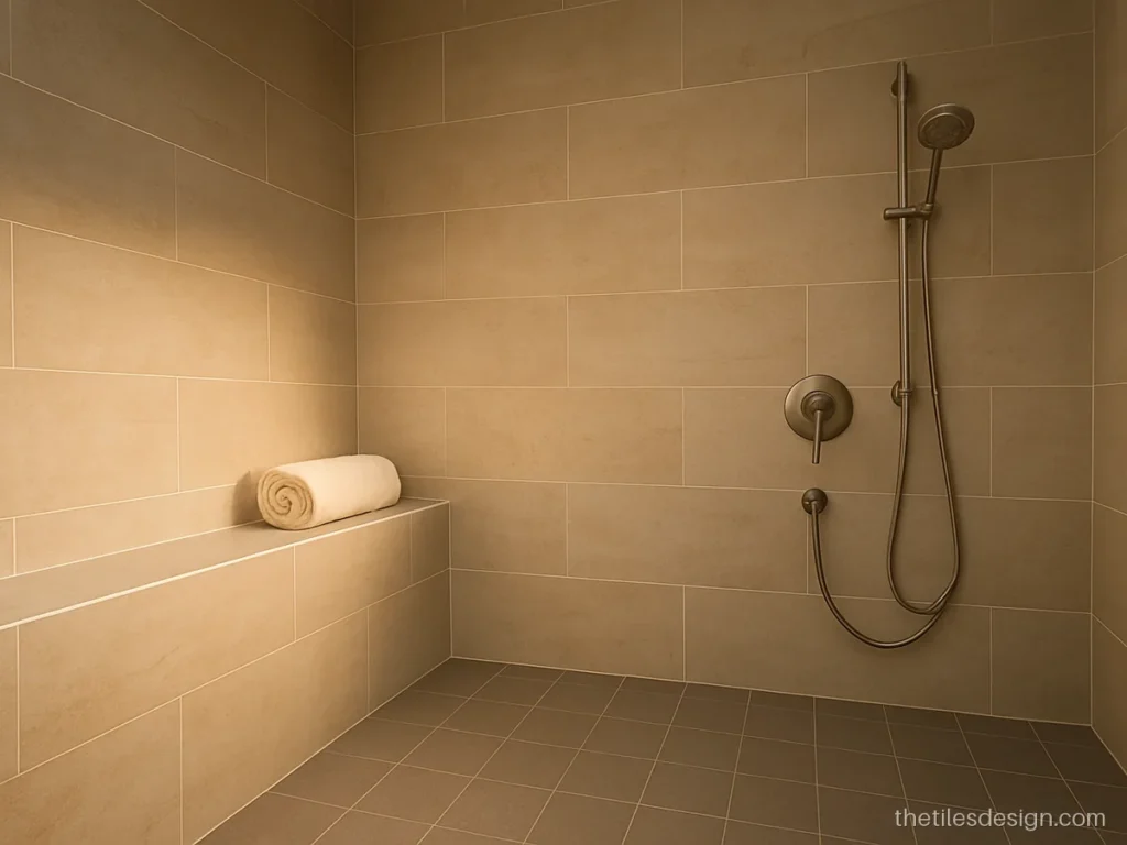 Shower wall in beige stone look tiles with a recessed long ledge