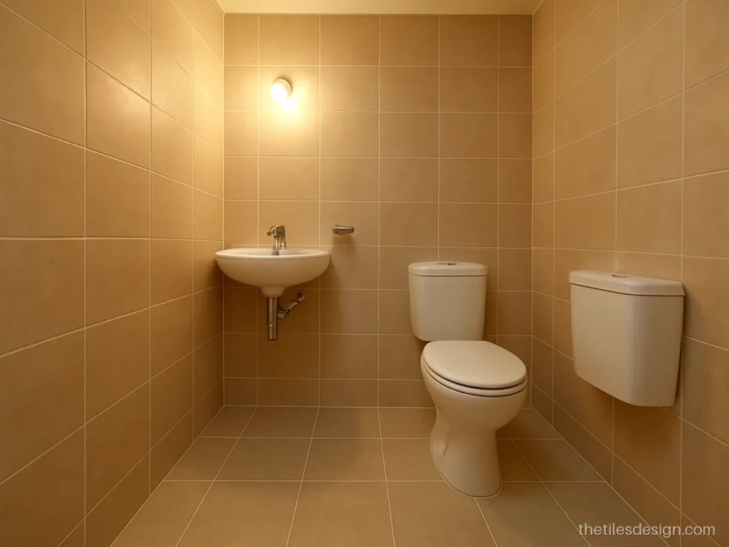 Simple bathroom with sand colour matt tiles on floor and walls in one size