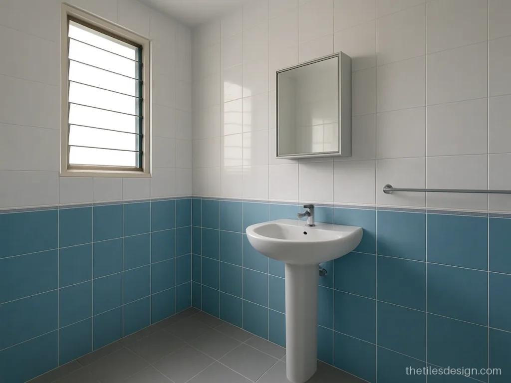 Normal bathroom tiles in white with a sky blue lower wall up to waist height