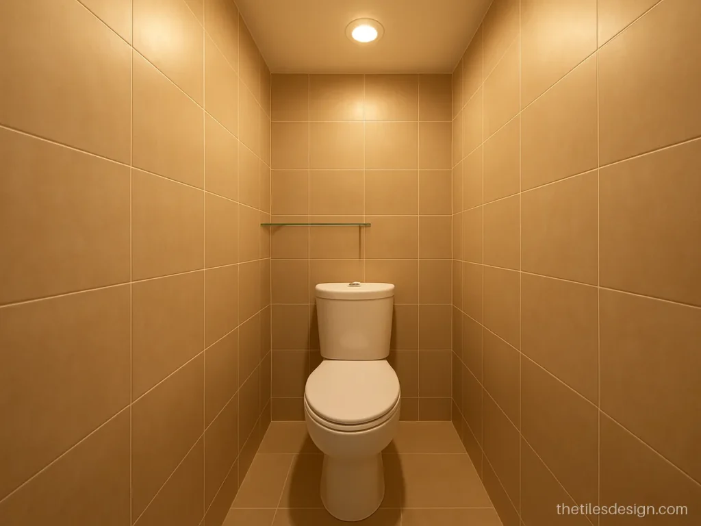 Small bathroom wall tiles laid vertically in soft beige to make the ceiling look higher