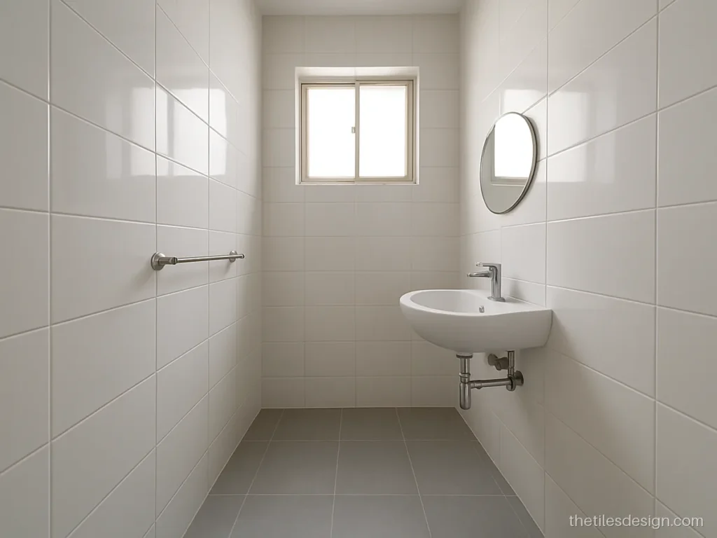 Small bathroom tiles design with light grey matt floor and white glossy wall tiles