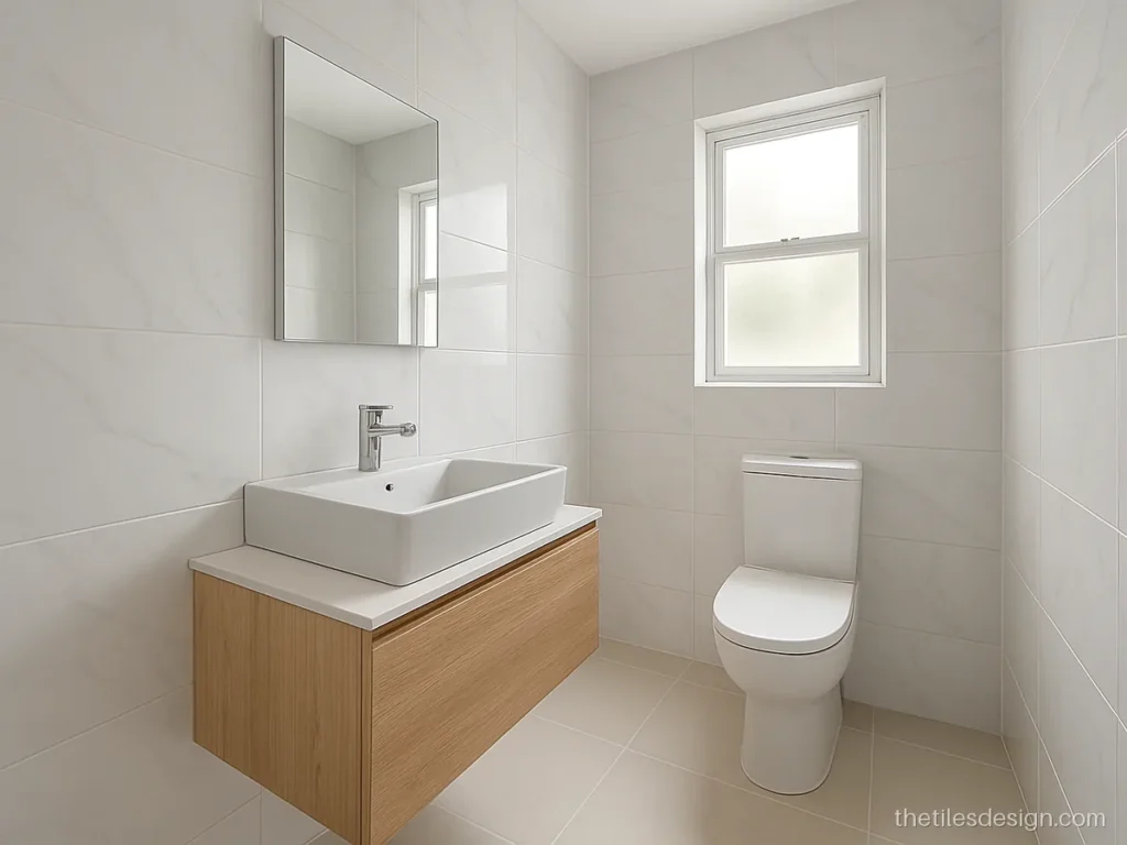 Small bathroom with large white marble look wall tiles and very few joints