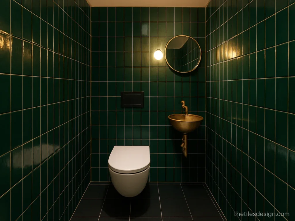 Toilet tiles design with dark green glossy wall tiles in a guest powder room