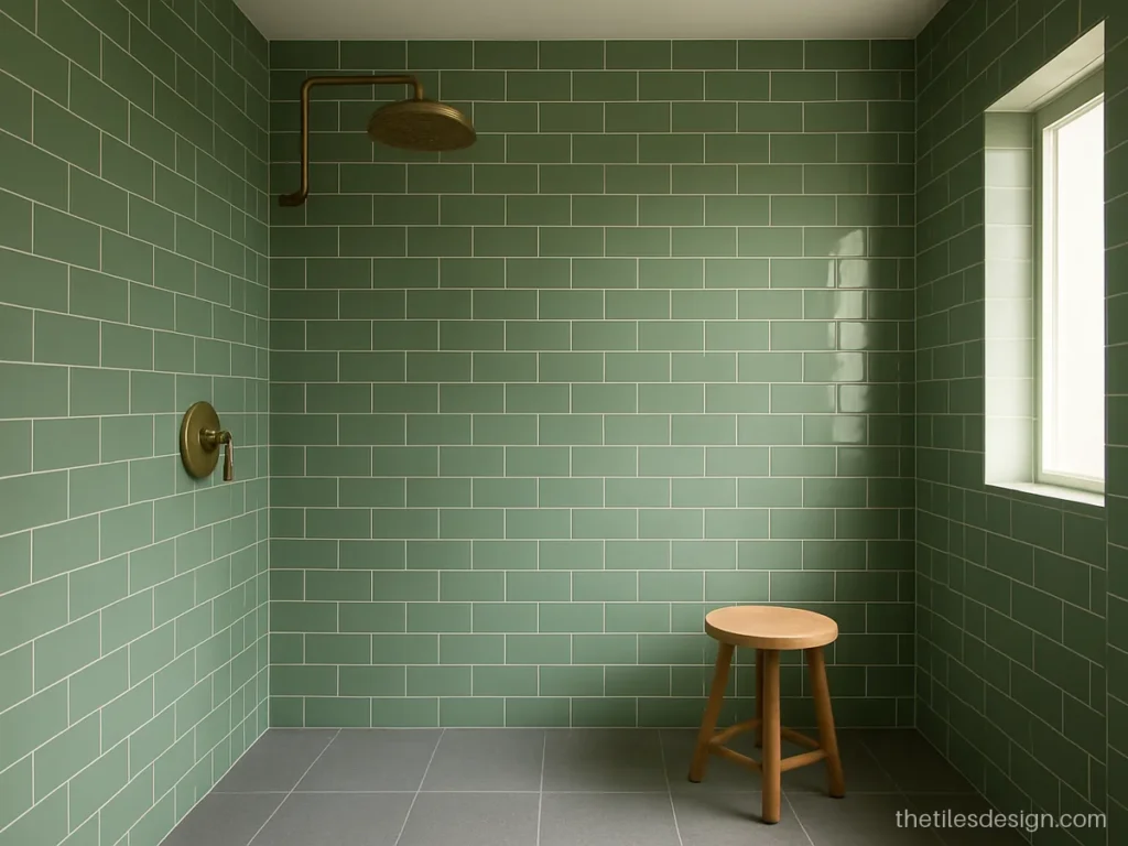 Green bathroom tiles in a subway pattern on the shower wall with white grout
