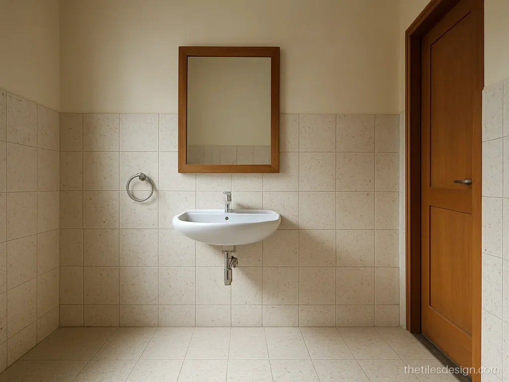 Bathroom wall tiles in terrazzo look up to door height with painted wall above
