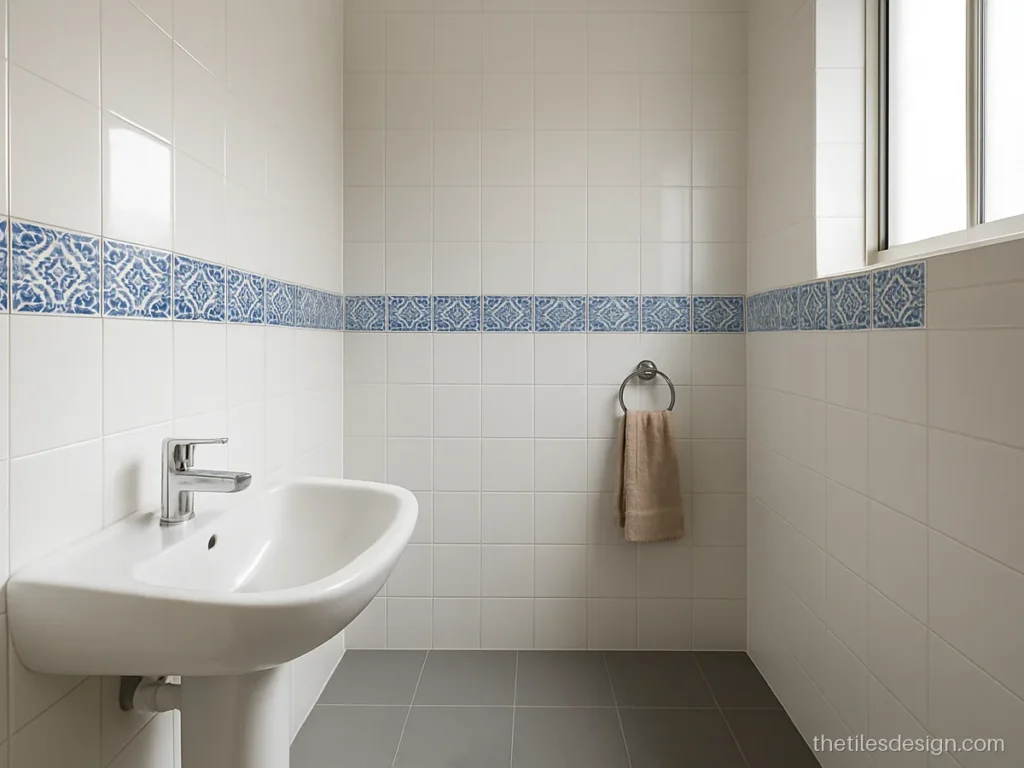 Bathroom wall tiles design with white base and a blue patterned highlighter band