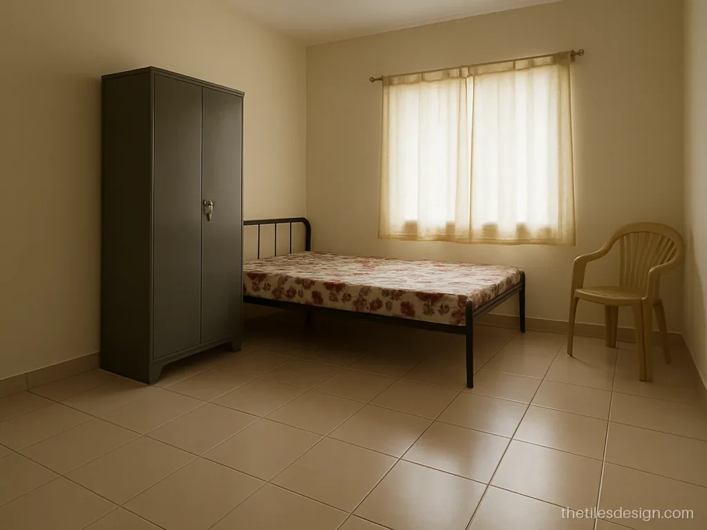 Beige 2x2 glazed vitrified floor tiles in a simple bedroom
