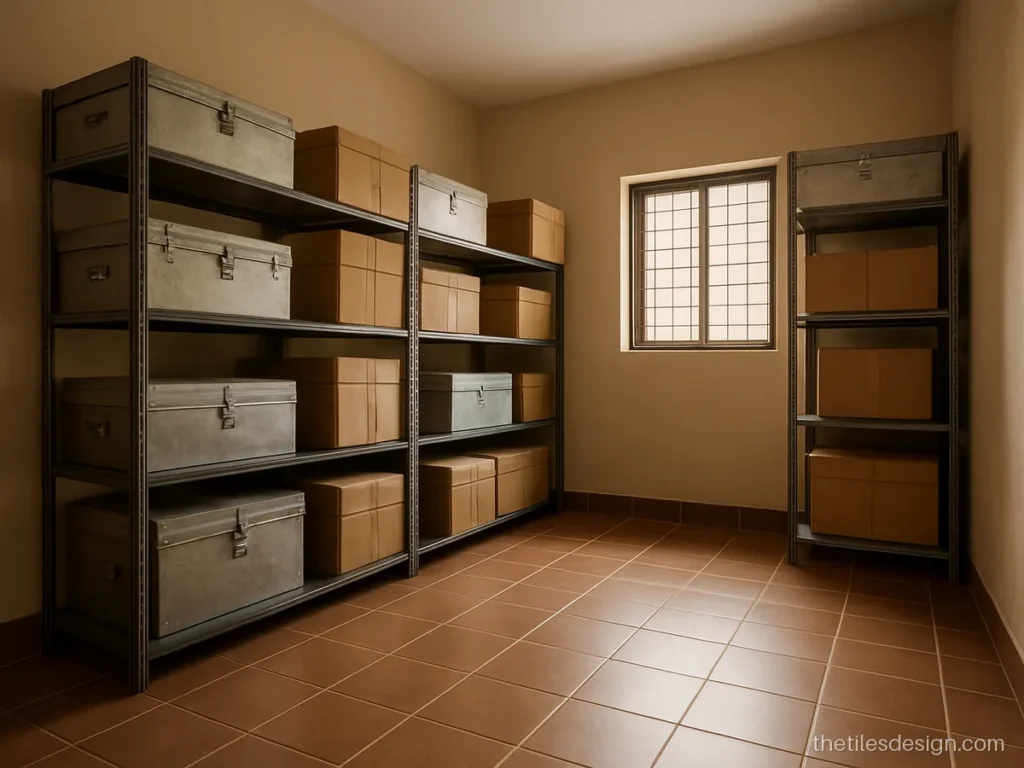 Ceramic tile flooring in a store room with brown matt tiles
