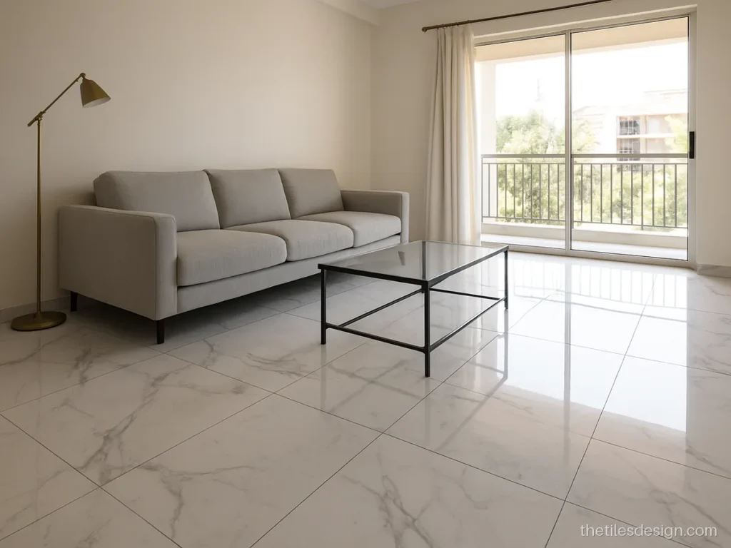 Glossy white statuario marble look floor tiles in a bright hall
