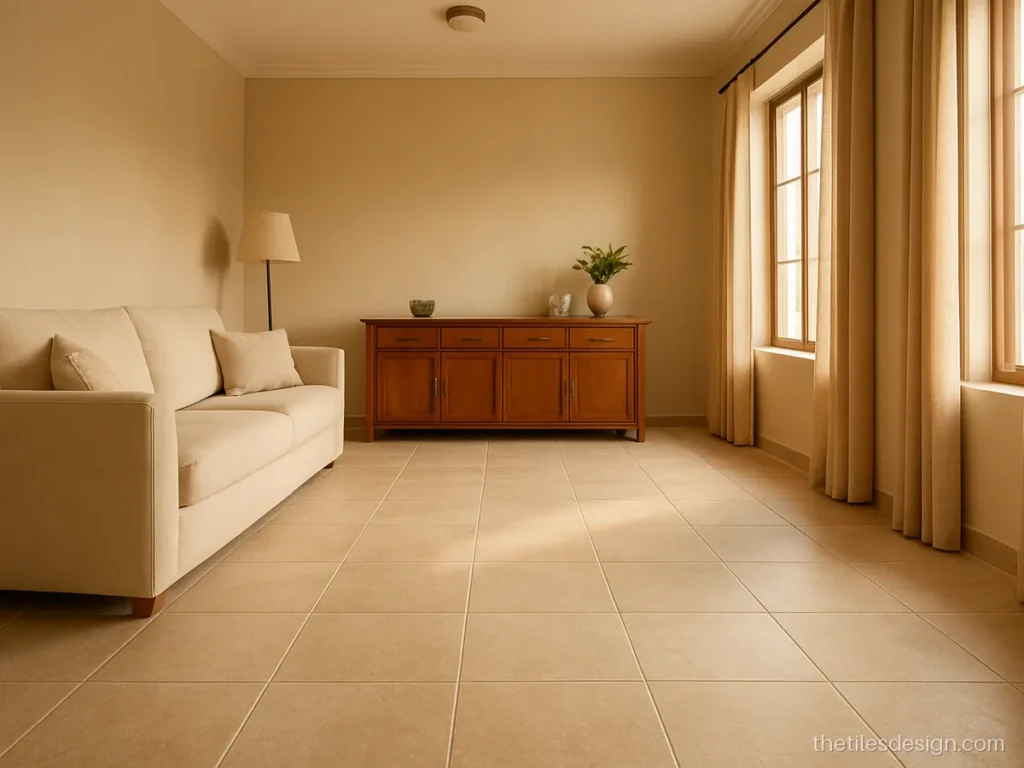Beige stone look carving finish floor tiles in a modern hall