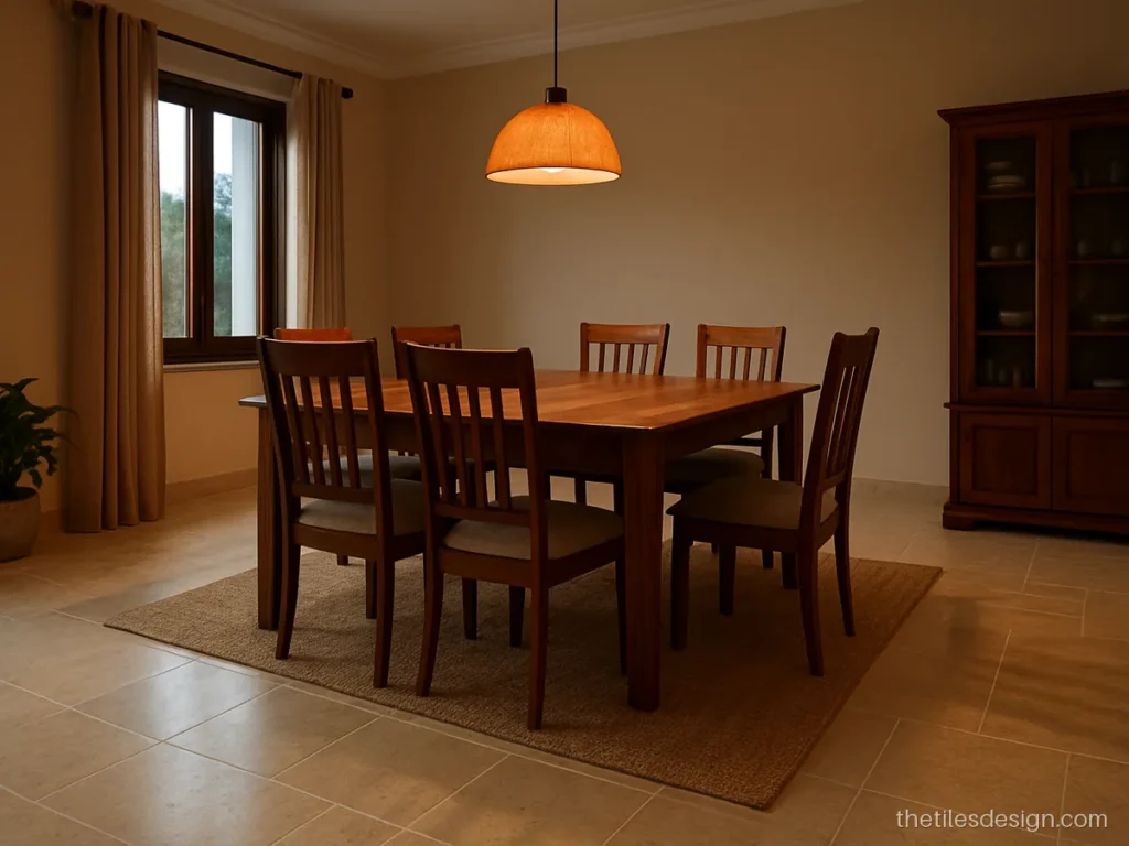 Travertine look floor tiles in a dining room with wooden furniture