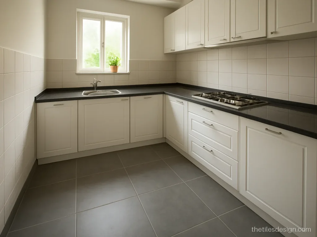 Matt finish floor tiles in grey cement look for a busy kitchen