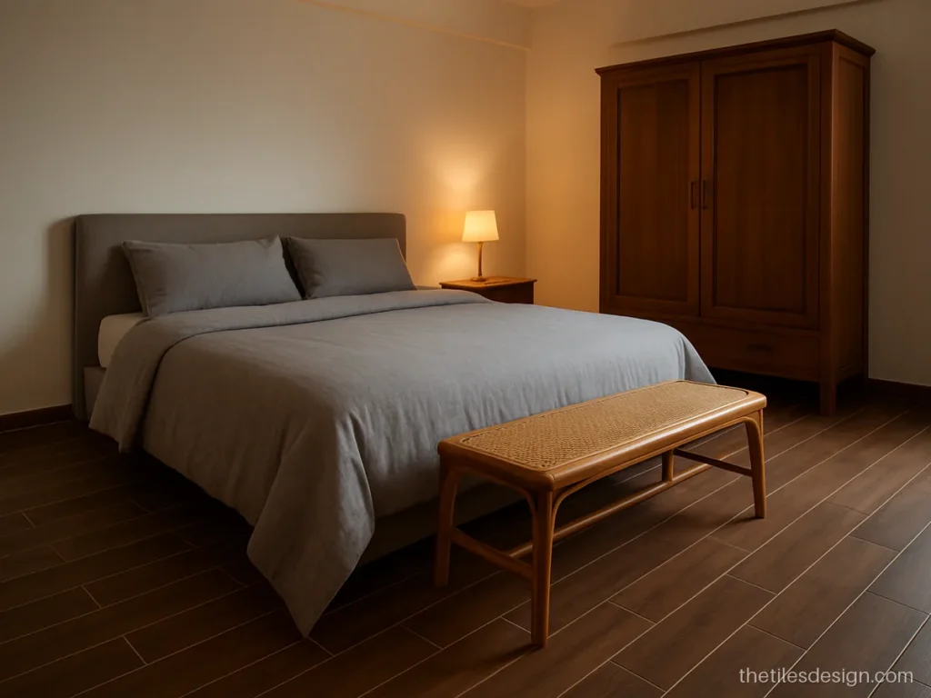 Room floor tiles design for a bedroom with walnut wood plank tiles