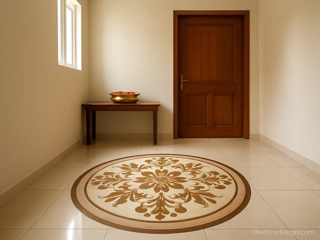Flower design floor tiles inlay at the entrance of a house