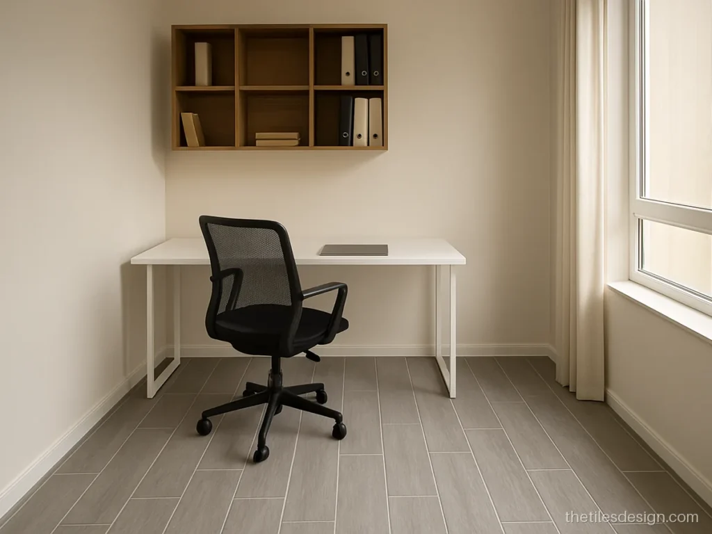 Office floor tiles in grey wood look planks in a home study