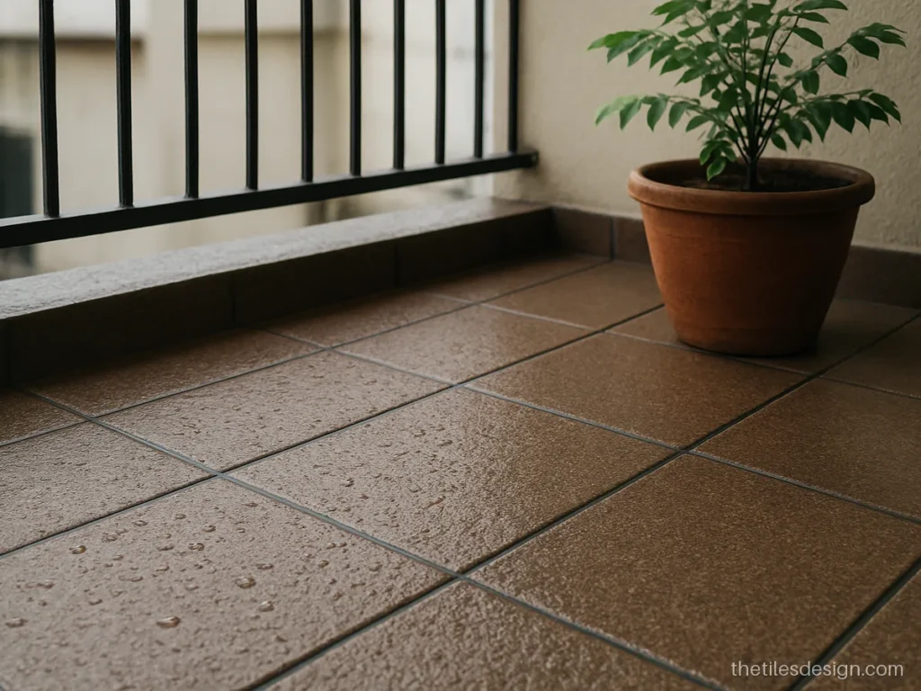 Close-up of rough floor tiles texture on a balcony after rain