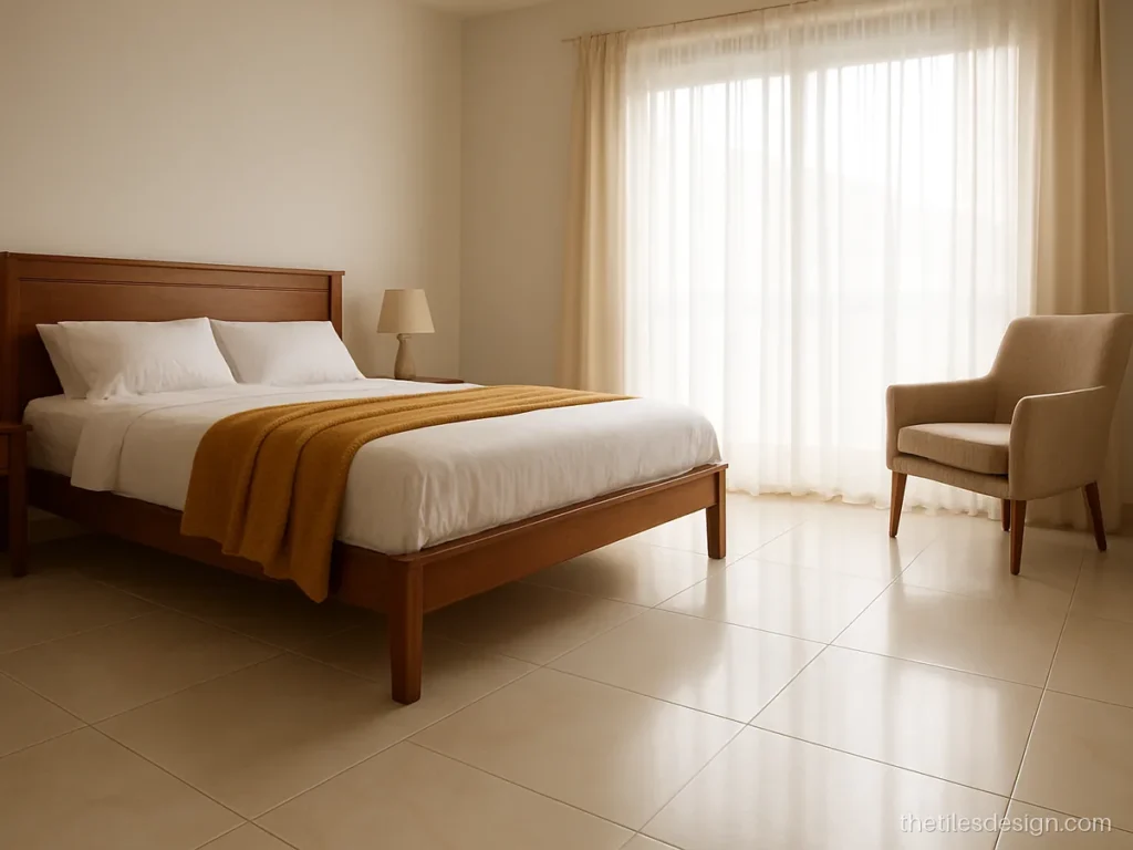 Satin cream floor tiles for home bedrooms with soft morning light