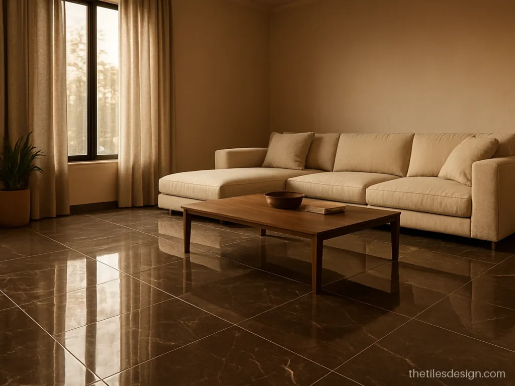 Large Armani brown marble look slab floor tiles in a living room