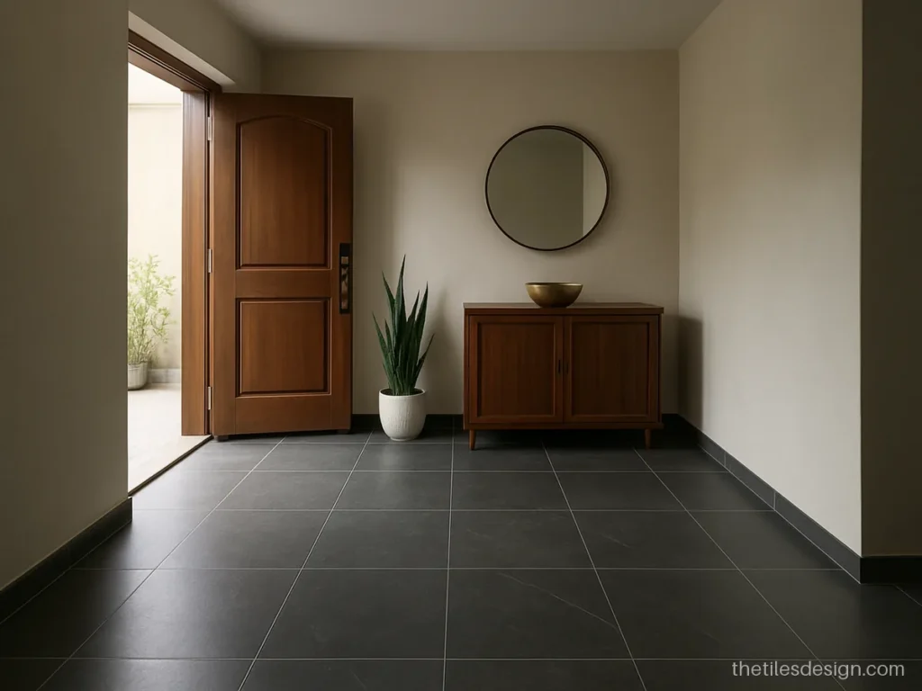 Dark grey stone look slab floor in an entrance foyer with console