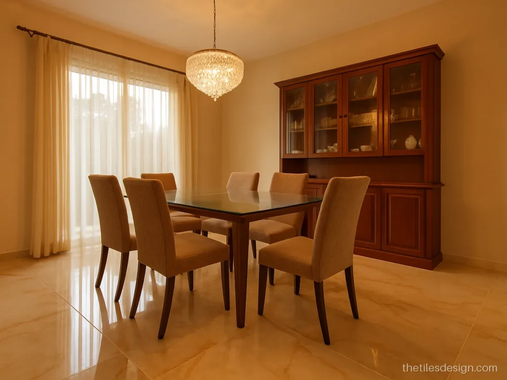 Ivory onyx look large floor tiles in a formal dining room