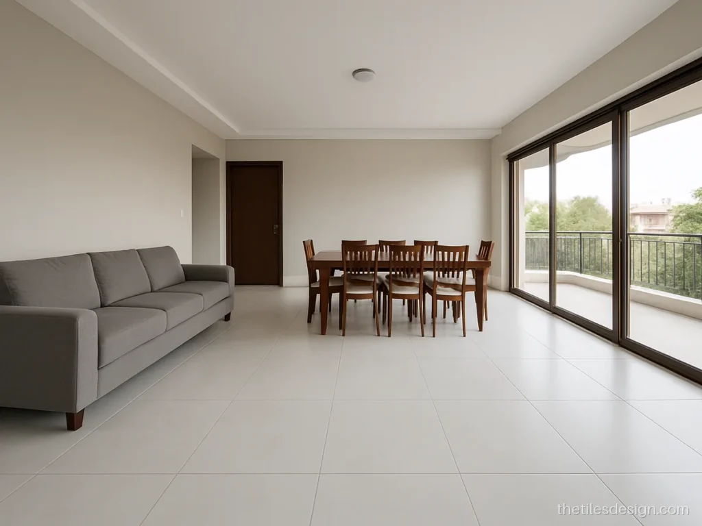 Floor tiles design for house open plan with large white matt slabs